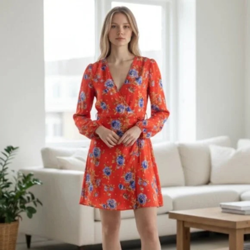 Floral Wrap Mini Dress in Red